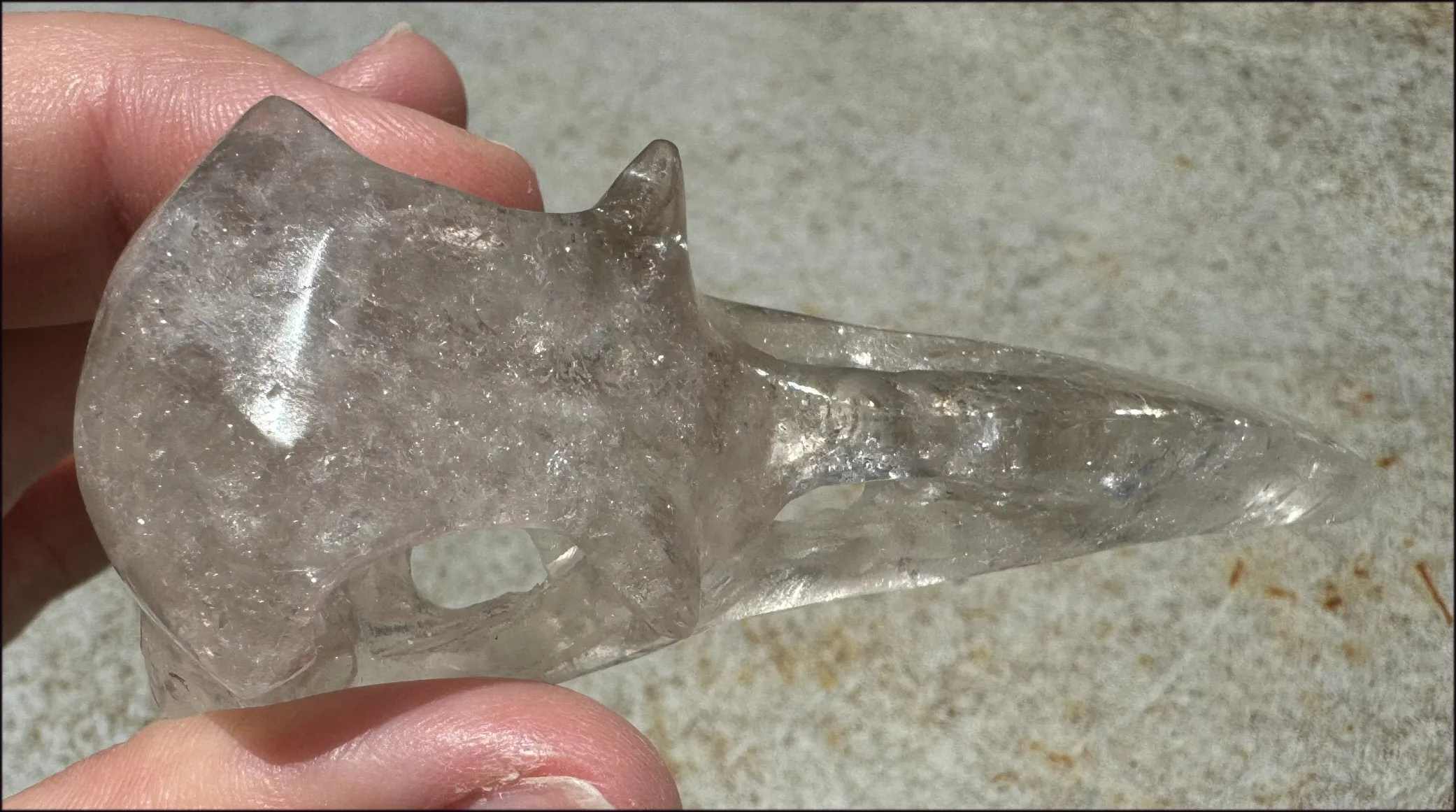 Lg. Light SMOKY QUARTZ Raven Crystal Skull with Shimmery Rainbows