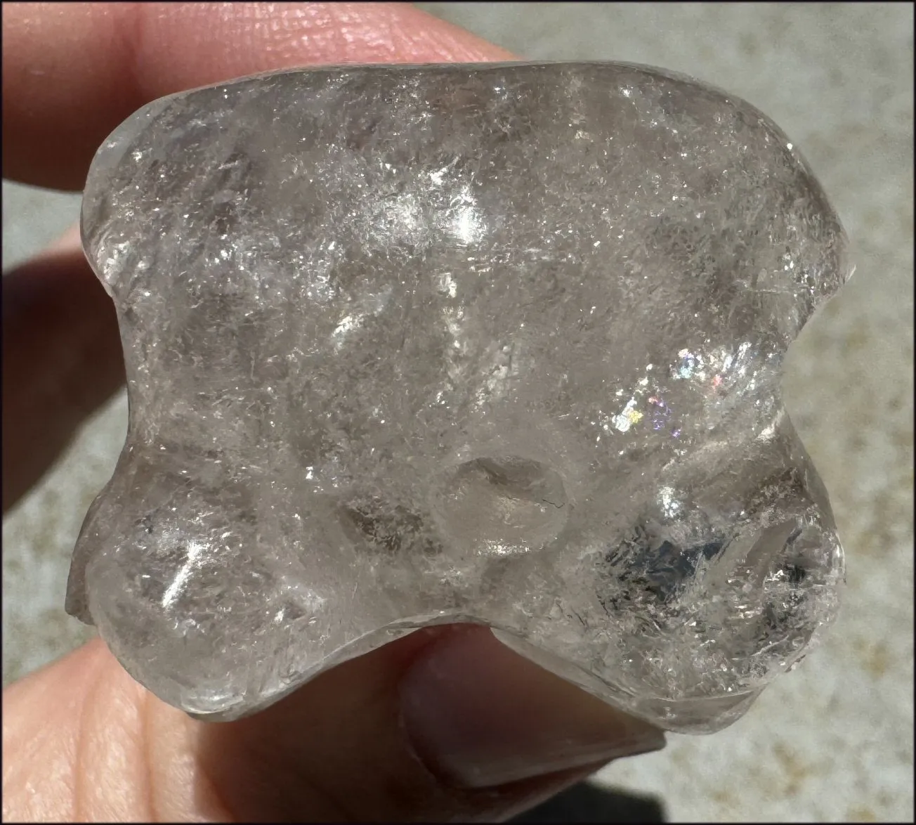 Lg. Light SMOKY QUARTZ Raven Crystal Skull with Shimmery Rainbows