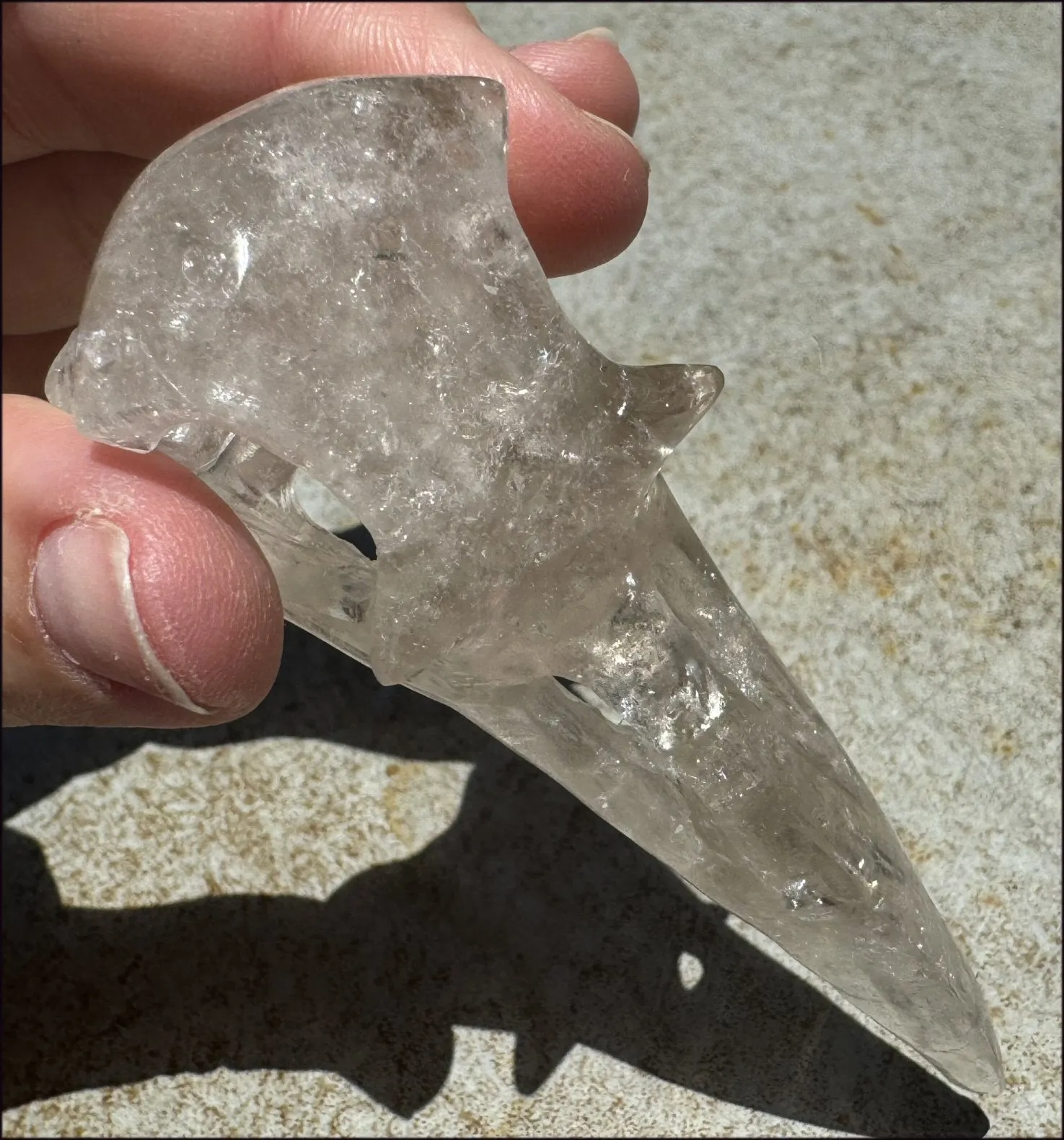 Lg. Light SMOKY QUARTZ Raven Crystal Skull with Shimmery Rainbows