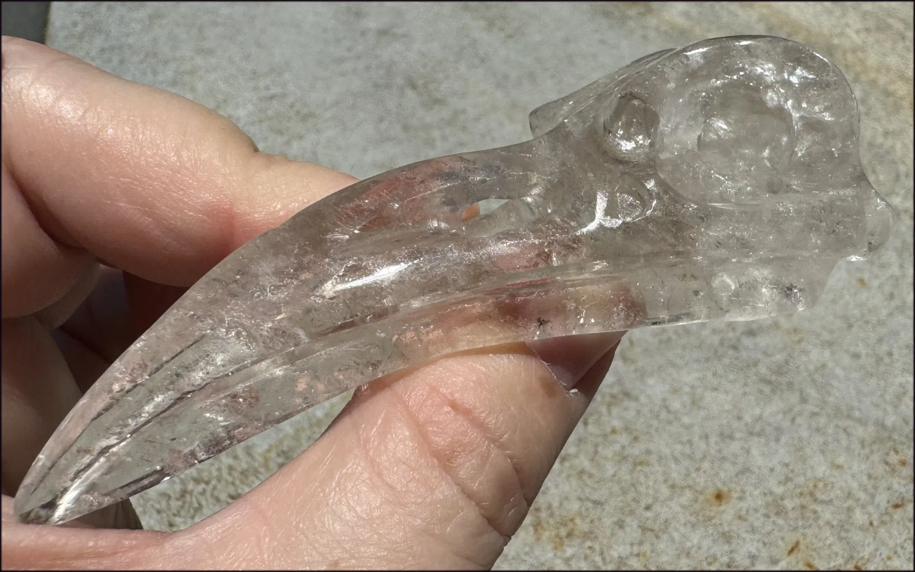 Lg. Light SMOKY QUARTZ Raven Crystal Skull with Shimmery Rainbows