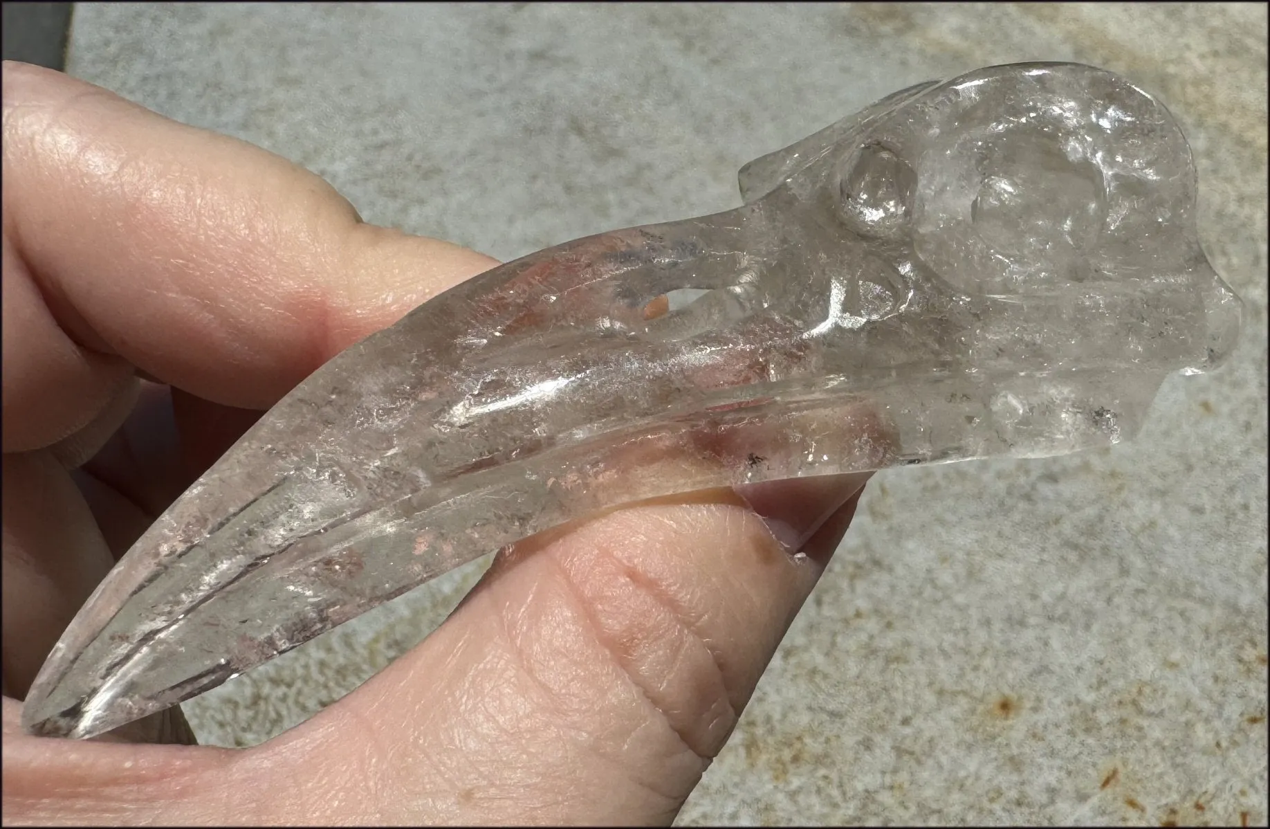 Lg. Light SMOKY QUARTZ Raven Crystal Skull with Shimmery Rainbows