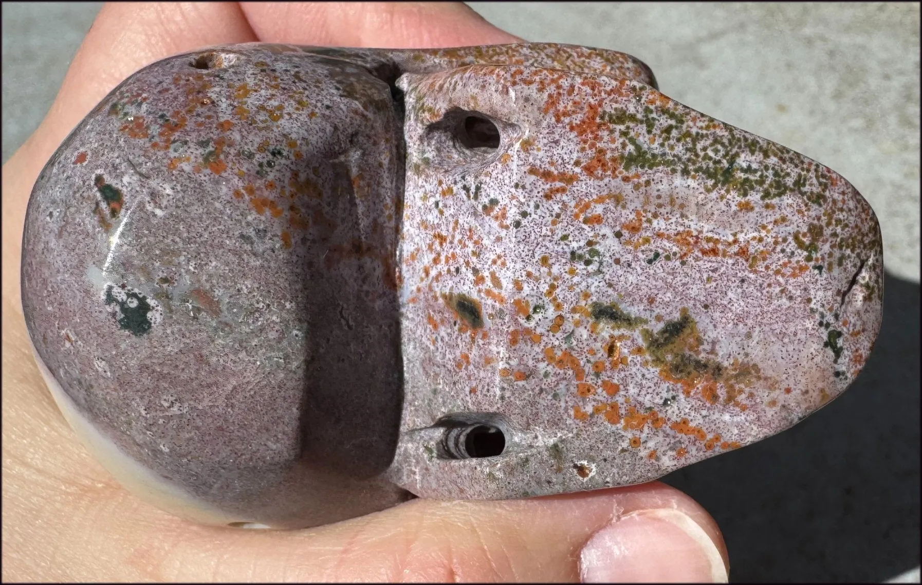 Lg. OCEAN JASPER Crystal Skull with Druzy Lined VUGS
