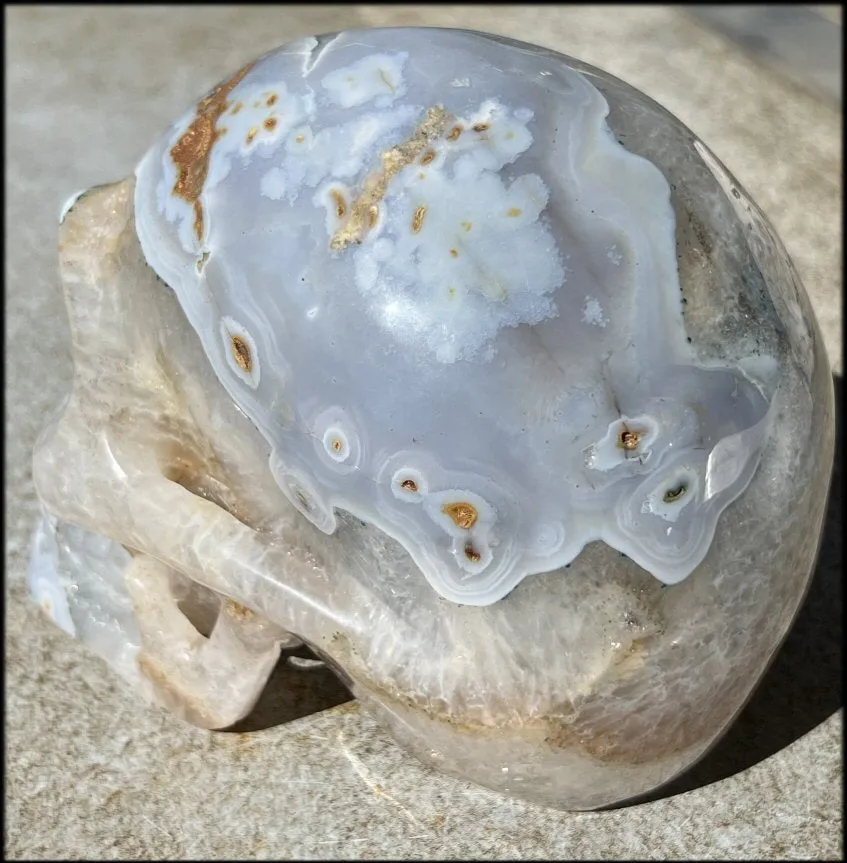 LifeSize Blue-Grey Agate GEODE Crystal Skull with Hematite Chlorite inclusions, Sparkly Crystalline Formations