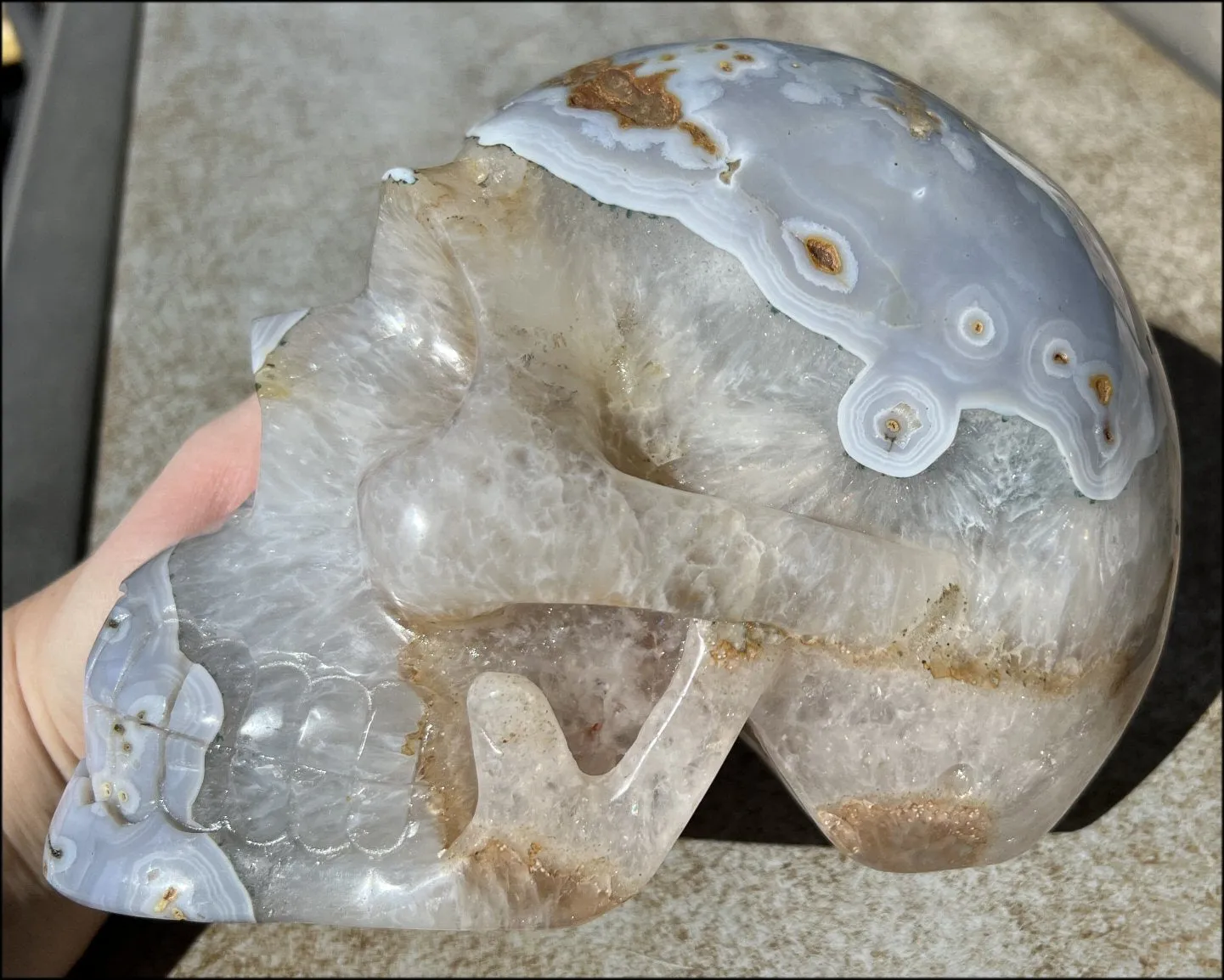LifeSize Blue-Grey Agate GEODE Crystal Skull with Hematite Chlorite inclusions, Sparkly Crystalline Formations