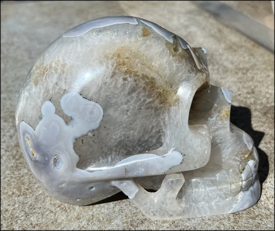 LifeSize Blue-Grey Agate GEODE Crystal Skull with Hematite Chlorite inclusions, Sparkly Crystalline Formations