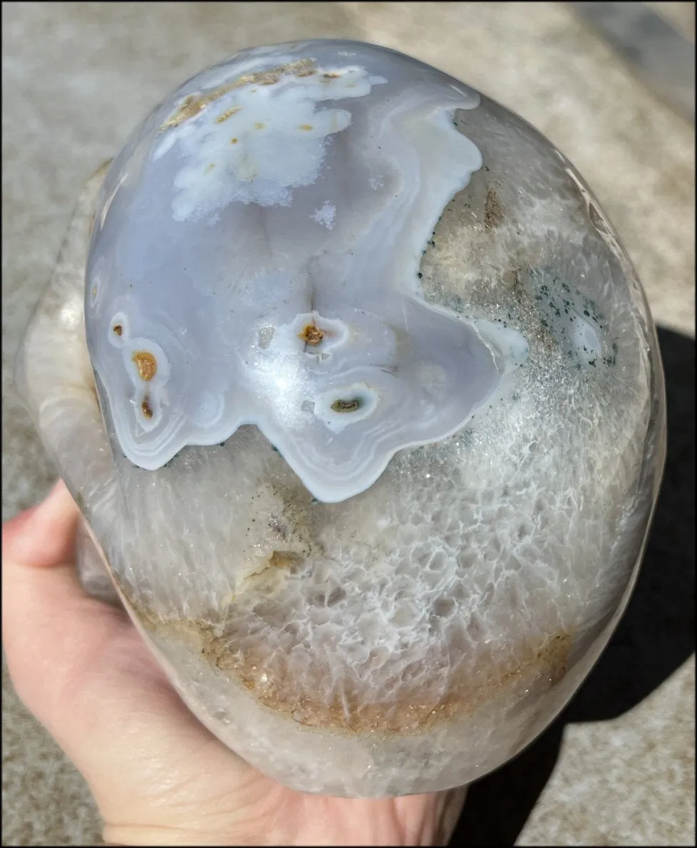 LifeSize Blue-Grey Agate GEODE Crystal Skull with Hematite Chlorite inclusions, Sparkly Crystalline Formations