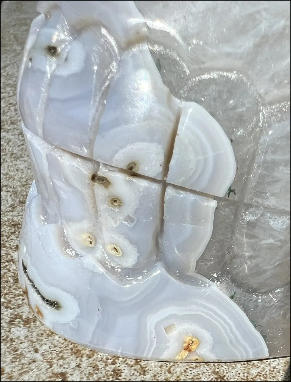 LifeSize Blue-Grey Agate GEODE Crystal Skull with Hematite Chlorite inclusions, Sparkly Crystalline Formations