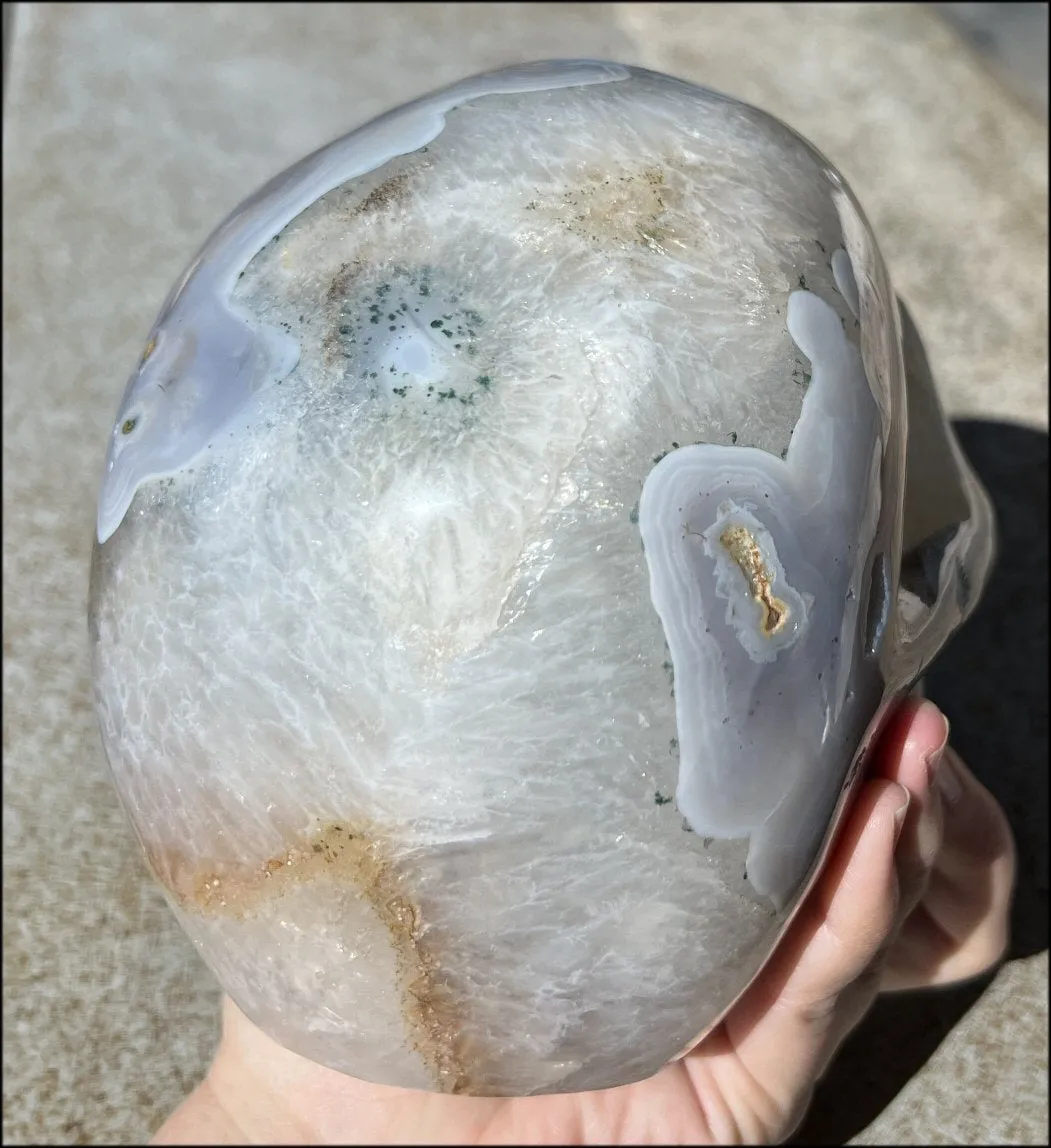 LifeSize Blue-Grey Agate GEODE Crystal Skull with Hematite Chlorite inclusions, Sparkly Crystalline Formations