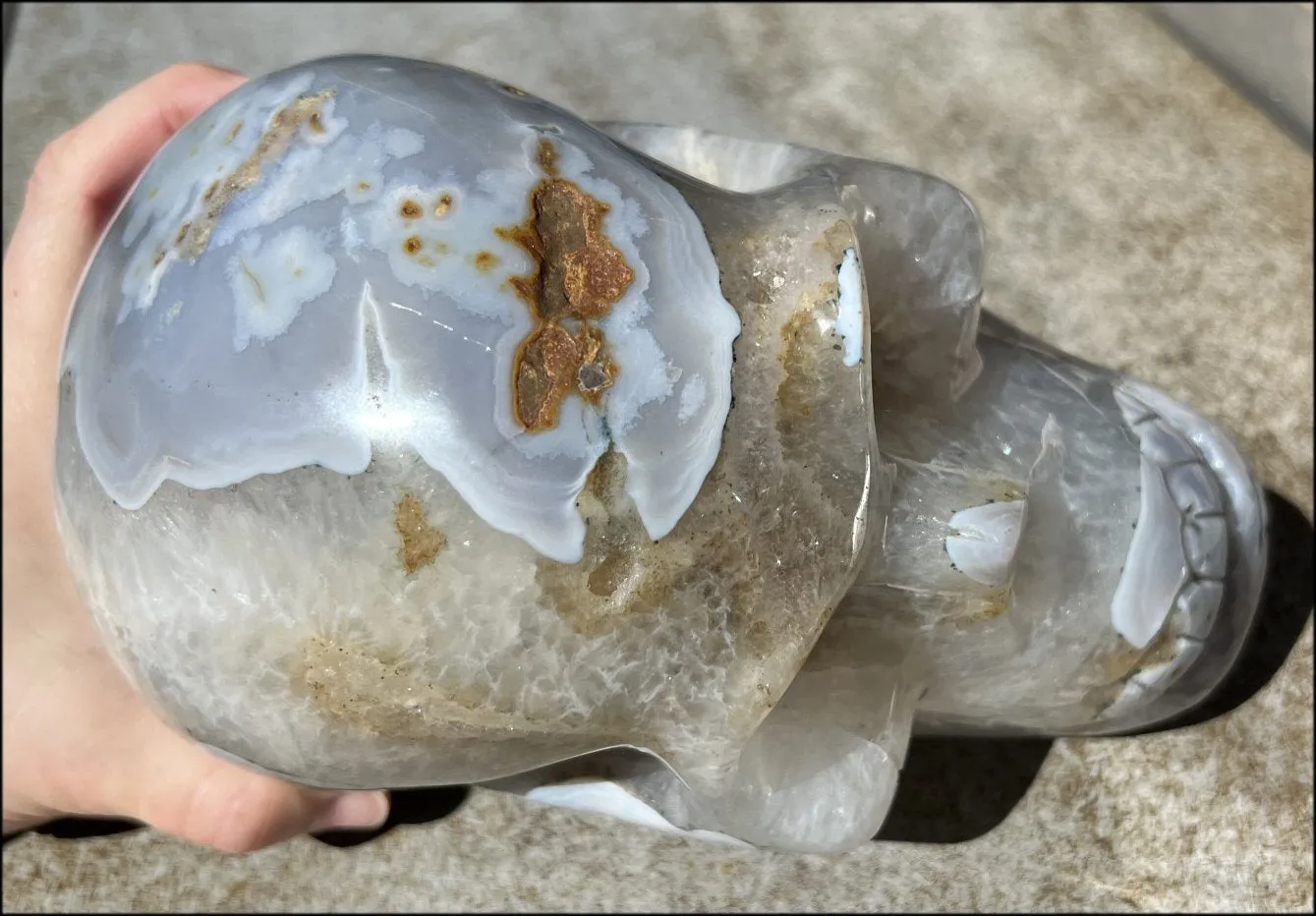 LifeSize Blue-Grey Agate GEODE Crystal Skull with Hematite Chlorite inclusions, Sparkly Crystalline Formations