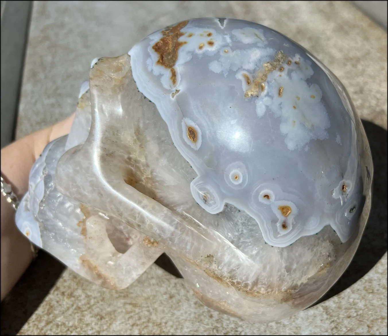 LifeSize Blue-Grey Agate GEODE Crystal Skull with Hematite Chlorite inclusions, Sparkly Crystalline Formations