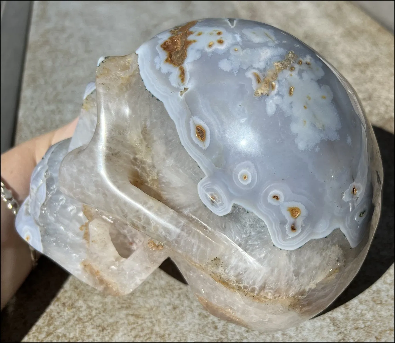 LifeSize Blue-Grey Agate GEODE Crystal Skull with Hematite Chlorite inclusions, Sparkly Crystalline Formations