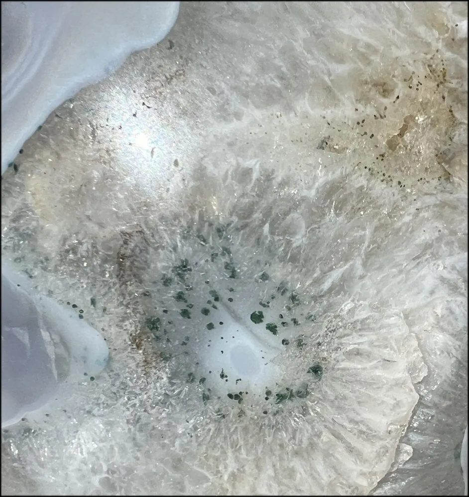 LifeSize Blue-Grey Agate GEODE Crystal Skull with Hematite Chlorite inclusions, Sparkly Crystalline Formations