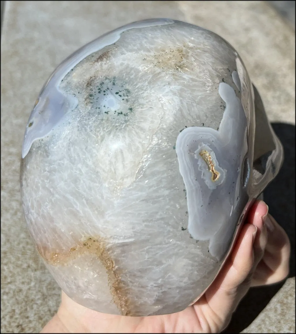 LifeSize Blue-Grey Agate GEODE Crystal Skull with Hematite Chlorite inclusions, Sparkly Crystalline Formations