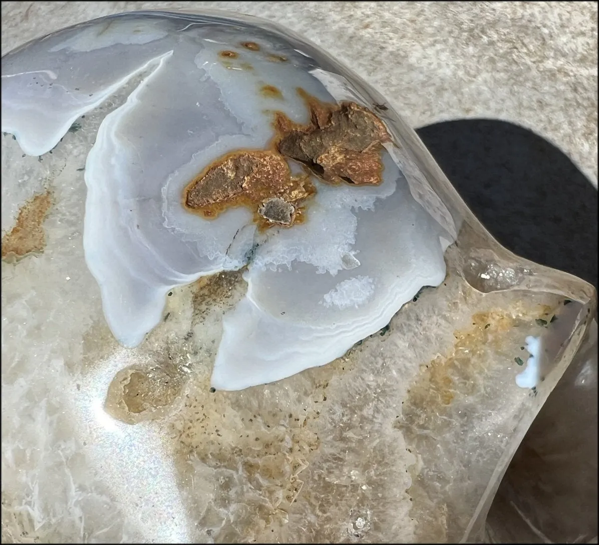 LifeSize Blue-Grey Agate GEODE Crystal Skull with Hematite Chlorite inclusions, Sparkly Crystalline Formations