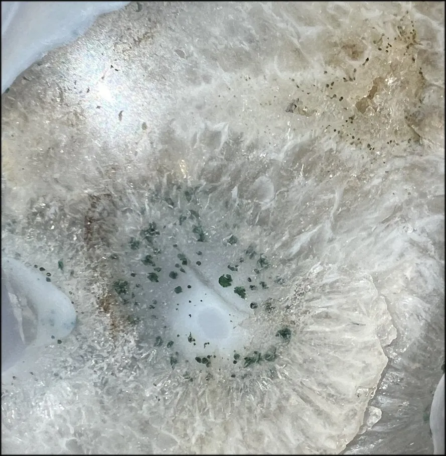 LifeSize Blue-Grey Agate GEODE Crystal Skull with Hematite Chlorite inclusions, Sparkly Crystalline Formations