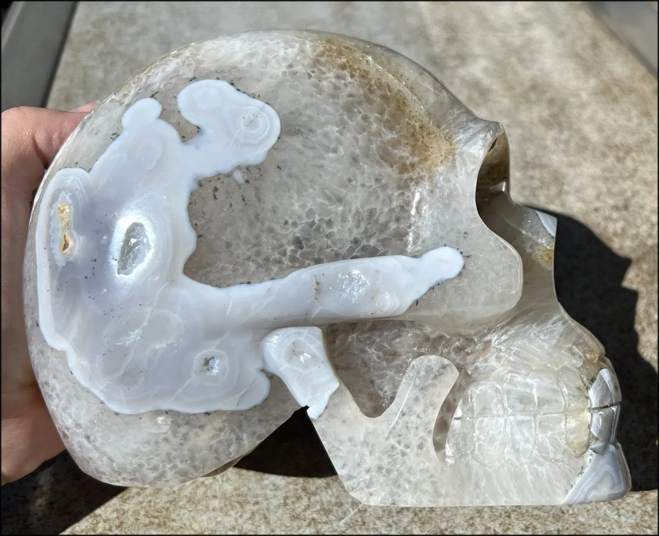 LifeSize Blue-Grey Agate GEODE Crystal Skull with Hematite Chlorite inclusions, Sparkly Crystalline Formations