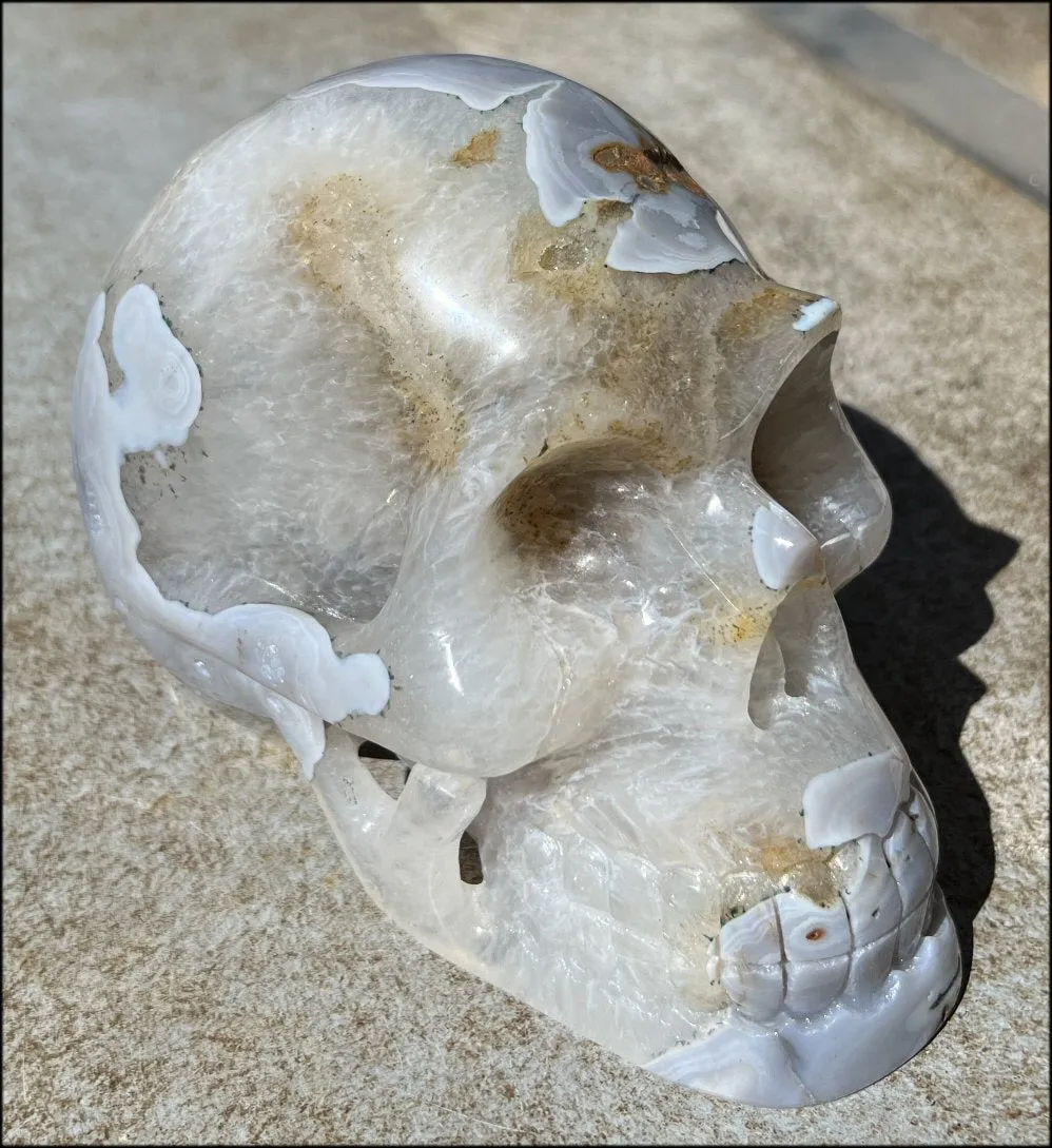 LifeSize Blue-Grey Agate GEODE Crystal Skull with Hematite Chlorite inclusions, Sparkly Crystalline Formations