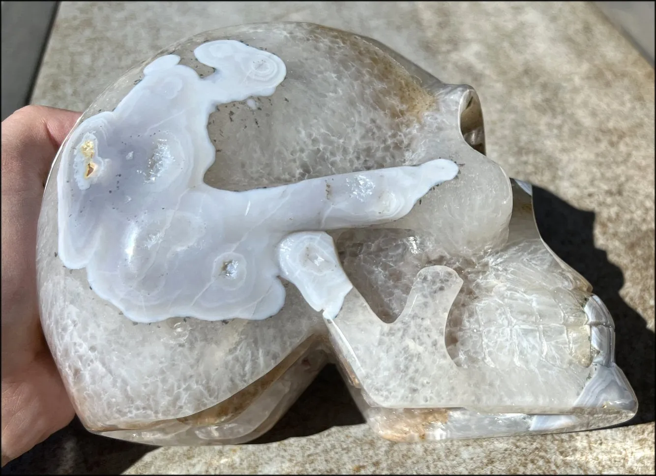 LifeSize Blue-Grey Agate GEODE Crystal Skull with Hematite Chlorite inclusions, Sparkly Crystalline Formations
