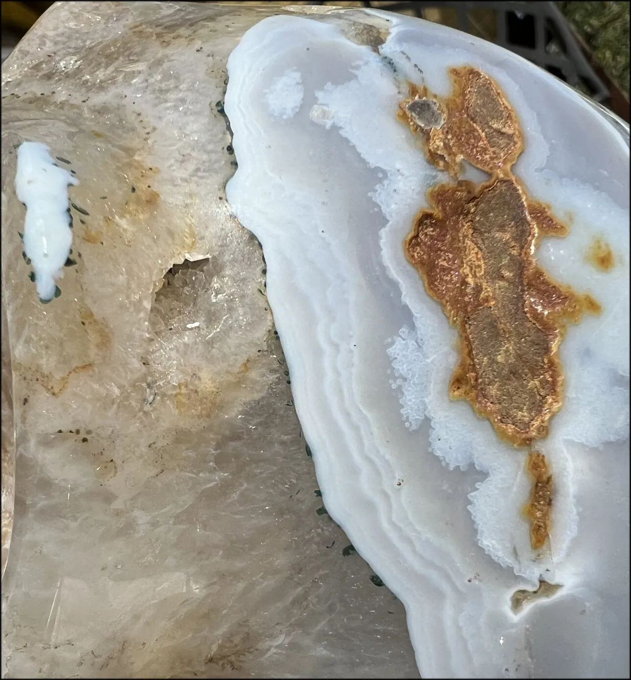 LifeSize Blue-Grey Agate GEODE Crystal Skull with Hematite Chlorite inclusions, Sparkly Crystalline Formations
