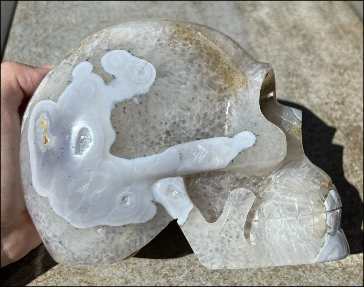 LifeSize Blue-Grey Agate GEODE Crystal Skull with Hematite Chlorite inclusions, Sparkly Crystalline Formations