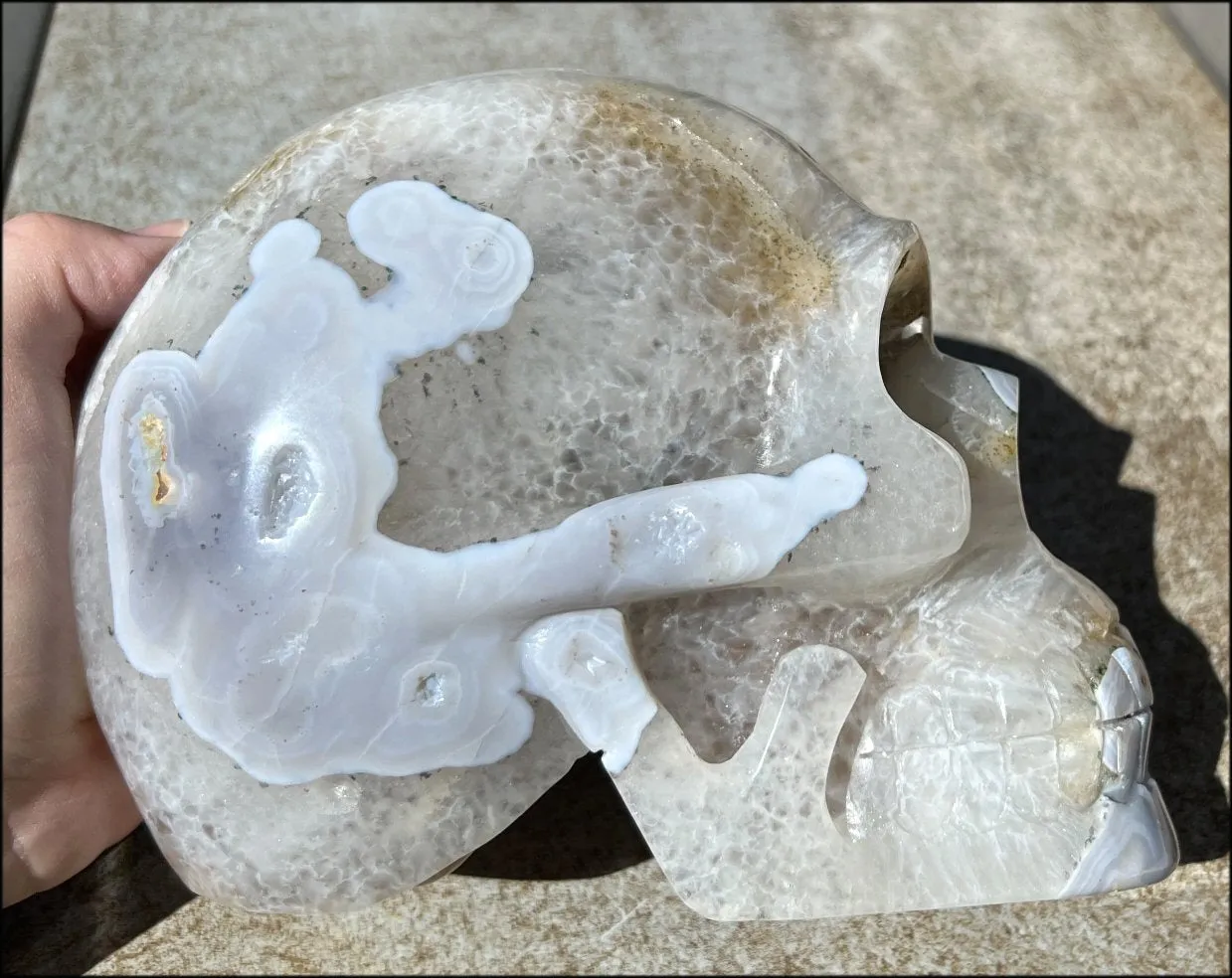 LifeSize Blue-Grey Agate GEODE Crystal Skull with Hematite Chlorite inclusions, Sparkly Crystalline Formations