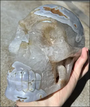 LifeSize Blue-Grey Agate GEODE Crystal Skull with Hematite Chlorite inclusions, Sparkly Crystalline Formations