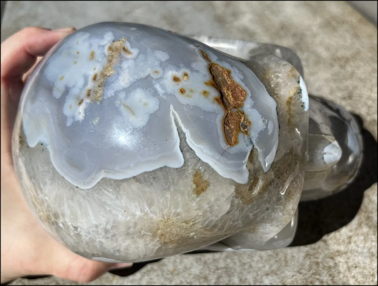 LifeSize Blue-Grey Agate GEODE Crystal Skull with Hematite Chlorite inclusions, Sparkly Crystalline Formations