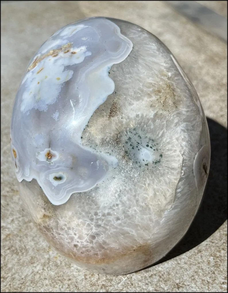 LifeSize Blue-Grey Agate GEODE Crystal Skull with Hematite Chlorite inclusions, Sparkly Crystalline Formations