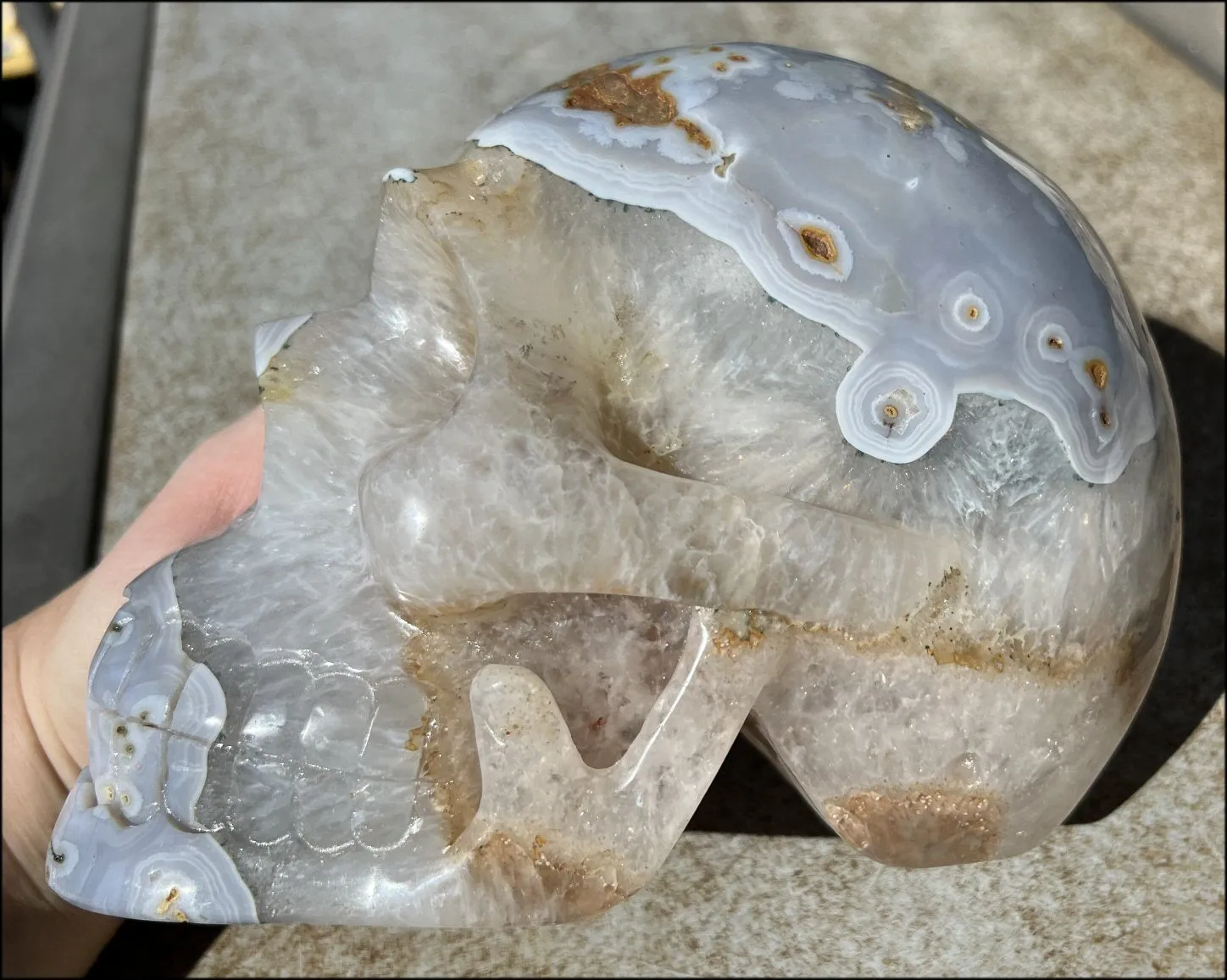 LifeSize Blue-Grey Agate GEODE Crystal Skull with Hematite Chlorite inclusions, Sparkly Crystalline Formations