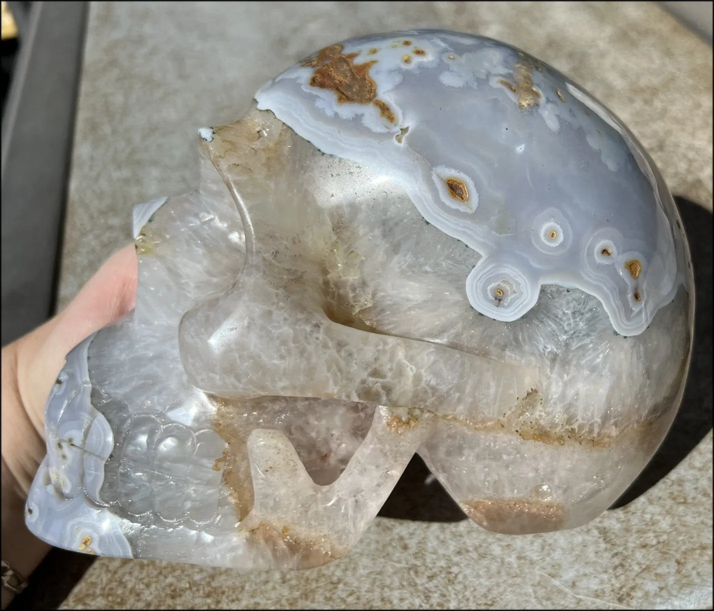 LifeSize Blue-Grey Agate GEODE Crystal Skull with Hematite Chlorite inclusions, Sparkly Crystalline Formations