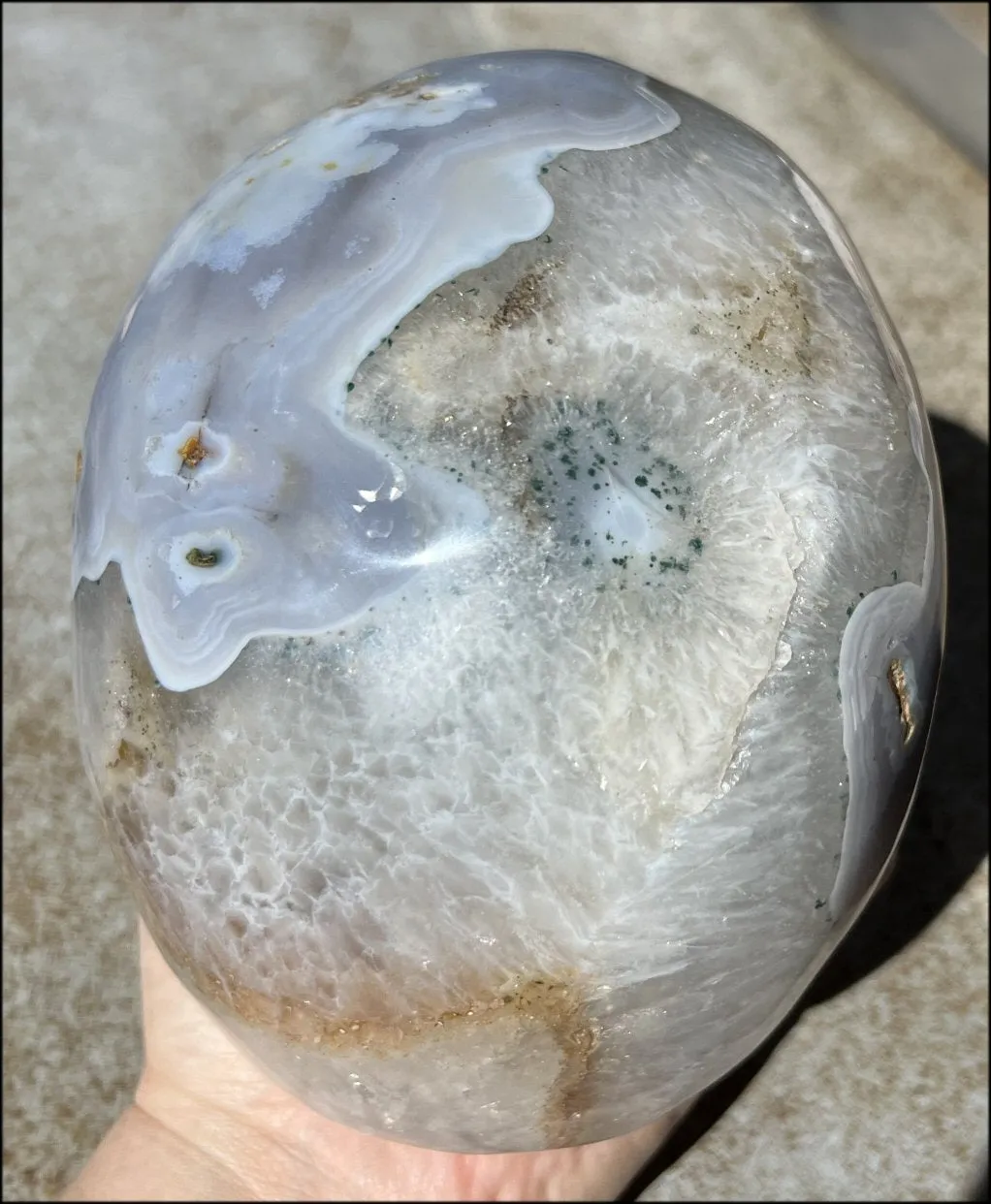 LifeSize Blue-Grey Agate GEODE Crystal Skull with Hematite Chlorite inclusions, Sparkly Crystalline Formations