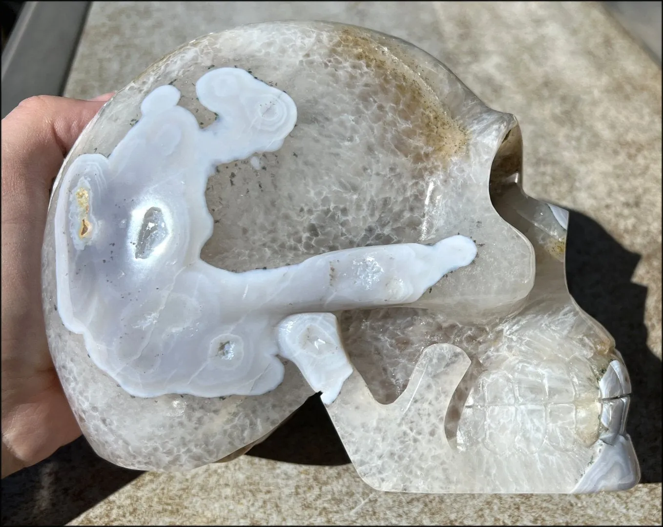 LifeSize Blue-Grey Agate GEODE Crystal Skull with Hematite Chlorite inclusions, Sparkly Crystalline Formations