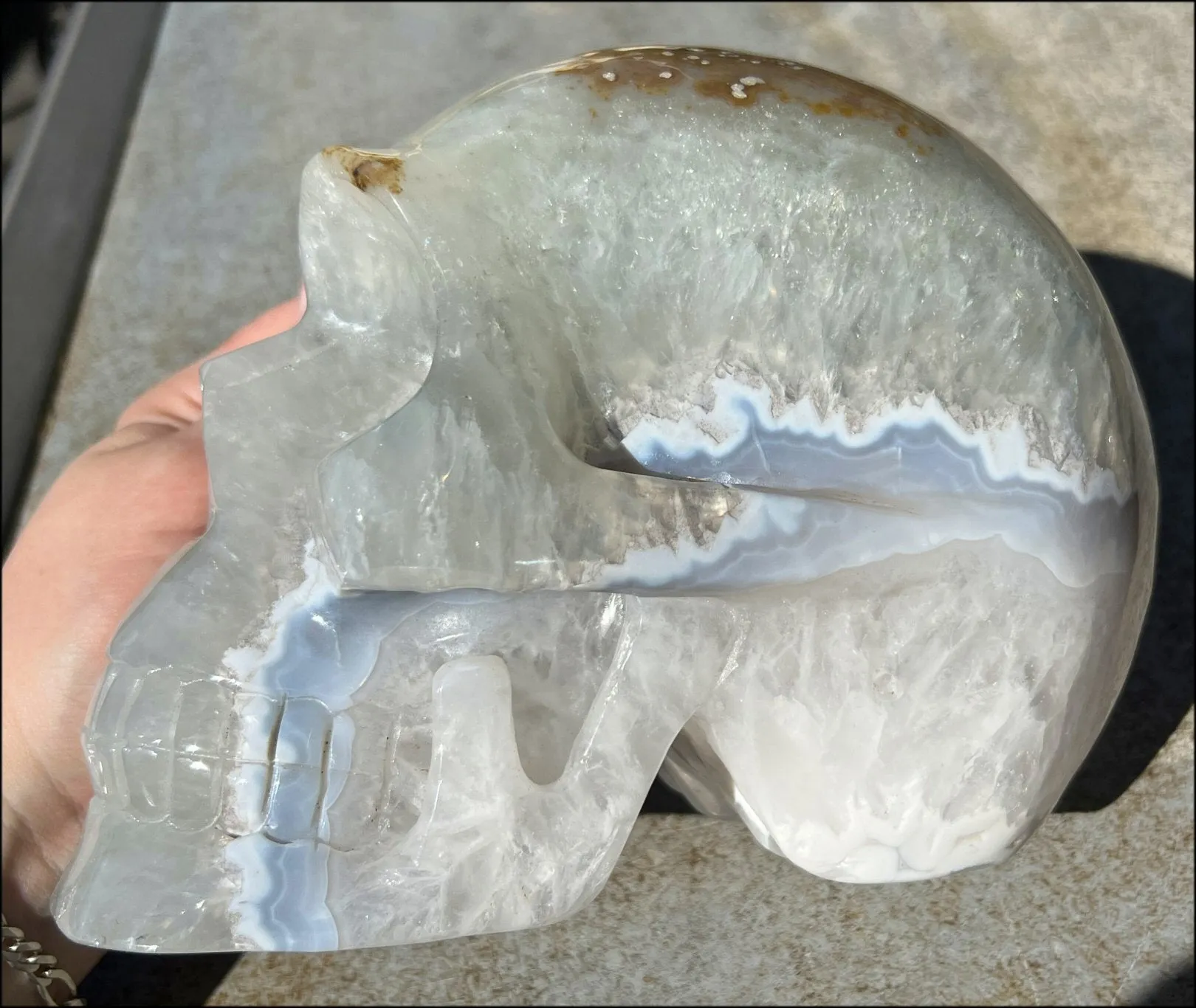 LifeSize Blue-Grey Agate GEODE Crystal Skull with Iron Dendrites