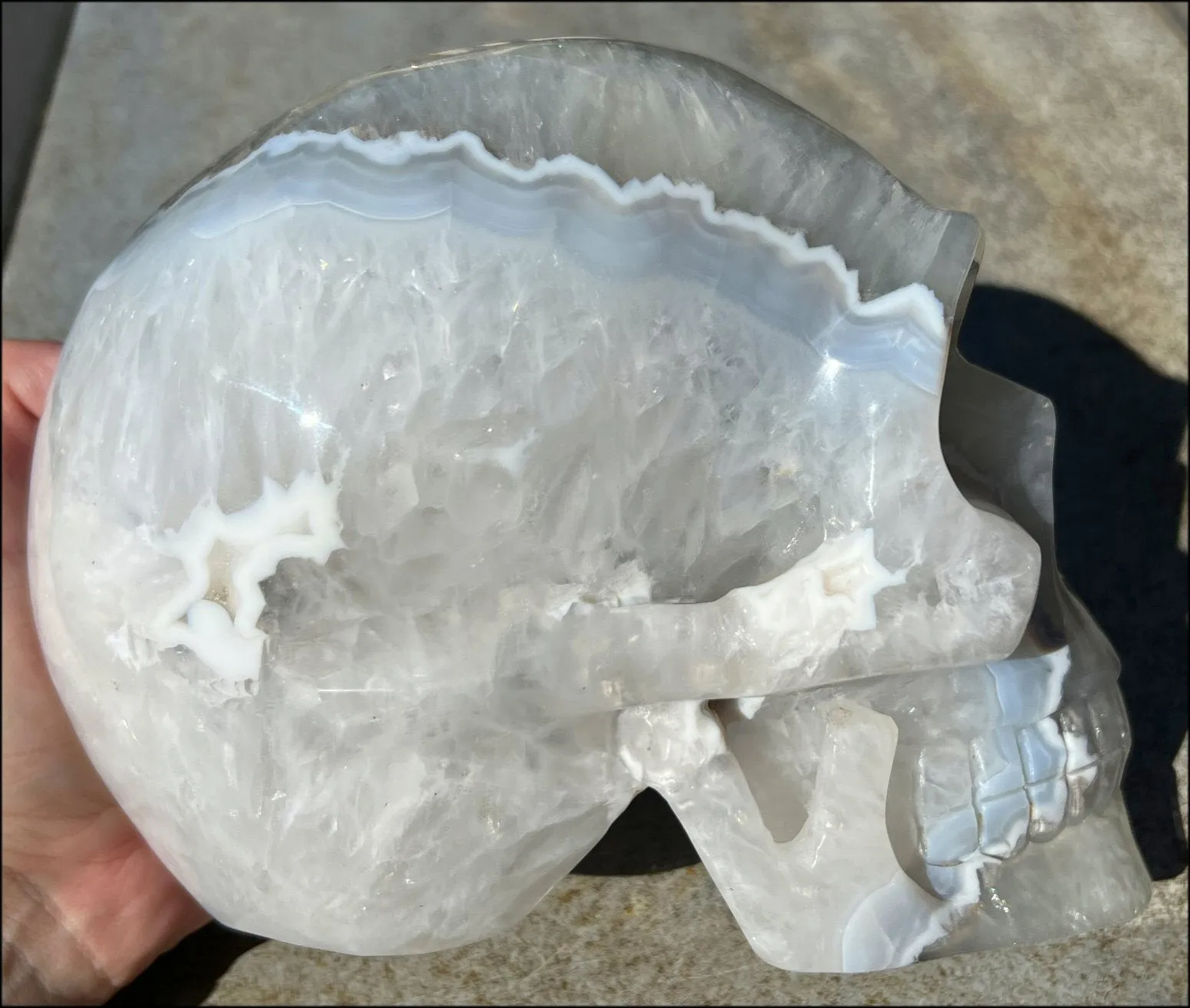 LifeSize Blue-Grey Agate GEODE Crystal Skull with Iron Dendrites