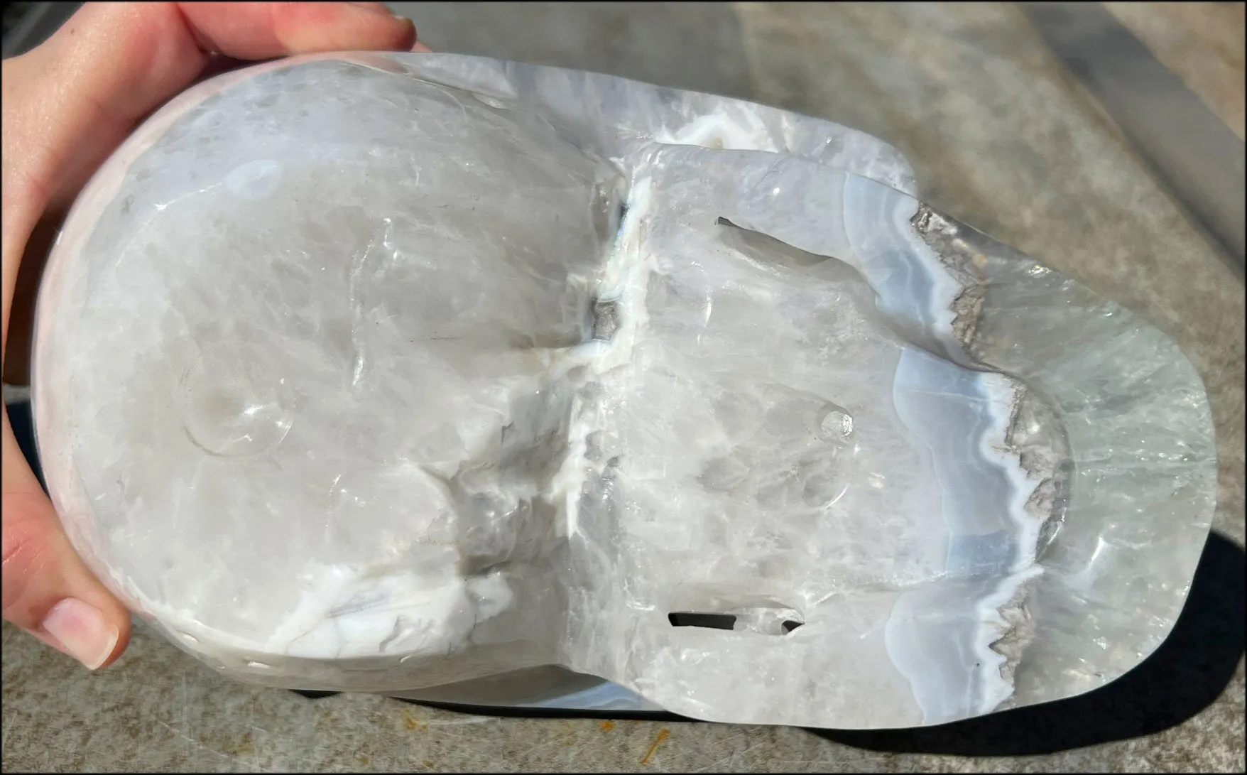 LifeSize Blue-Grey Agate GEODE Crystal Skull with Iron Dendrites