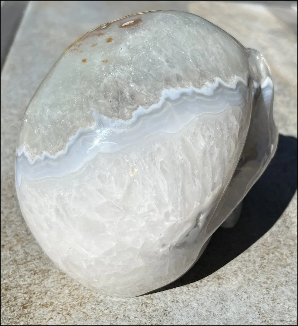 LifeSize Blue-Grey Agate GEODE Crystal Skull with Iron Dendrites