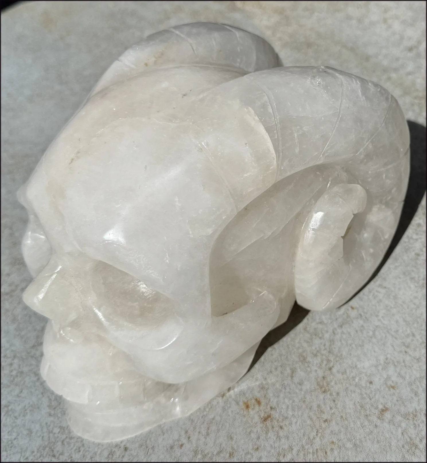 LifeSize MONGOLIAN QUARTZ Ram Crystal Skull with Hematite, Chlorite