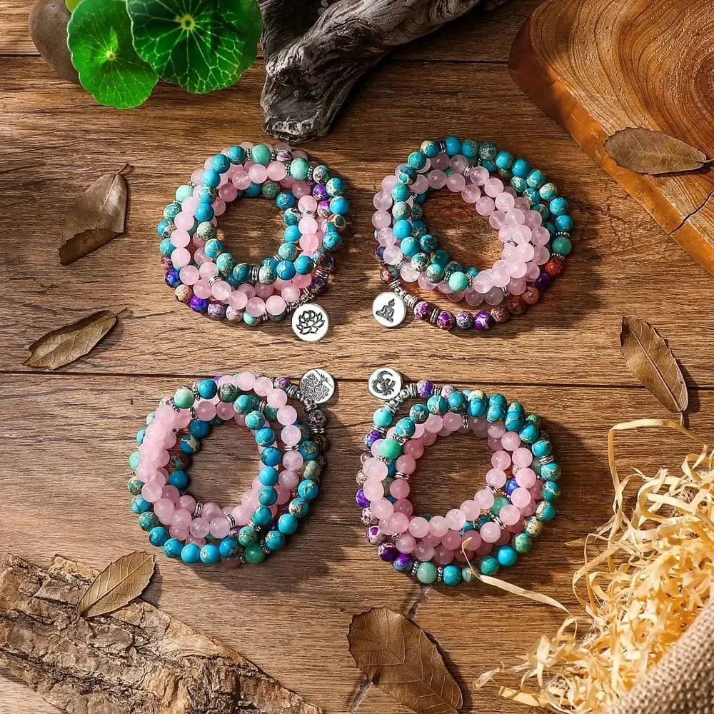Lotus Charm Mala Beads Bracelet Set with Emperor Jasper