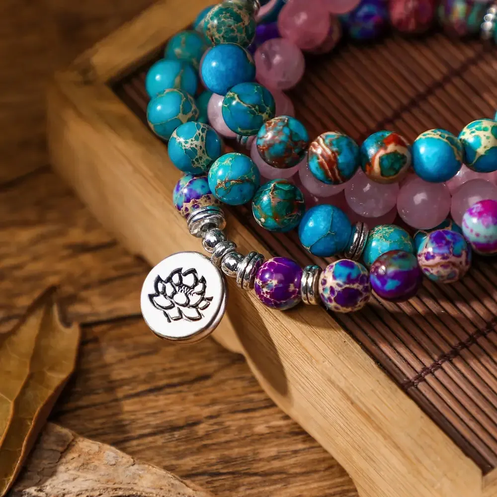 Lotus Charm Mala Beads Bracelet Set with Emperor Jasper