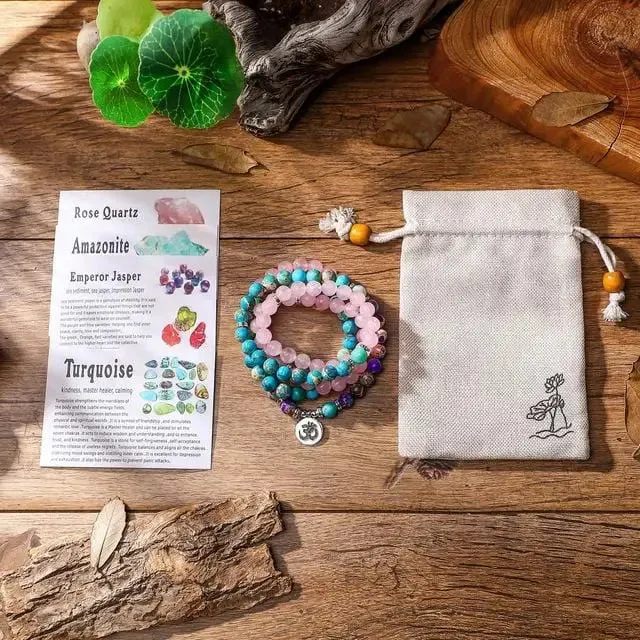 Lotus Charm Mala Beads Bracelet Set with Emperor Jasper
