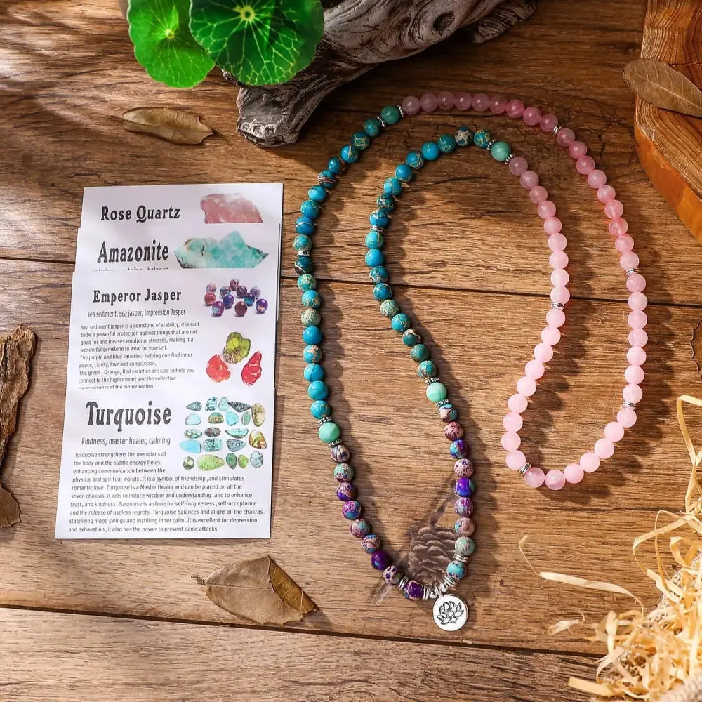 Lotus Charm Mala Beads Bracelet Set with Emperor Jasper