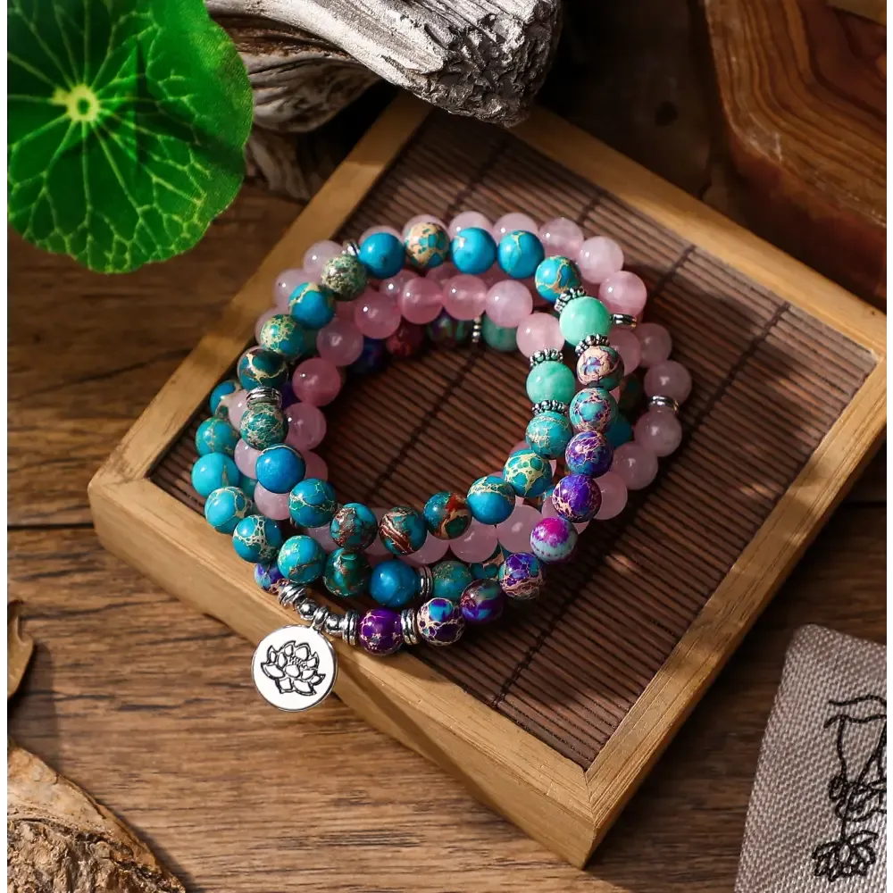 Lotus Charm Mala Beads Bracelet Set with Emperor Jasper