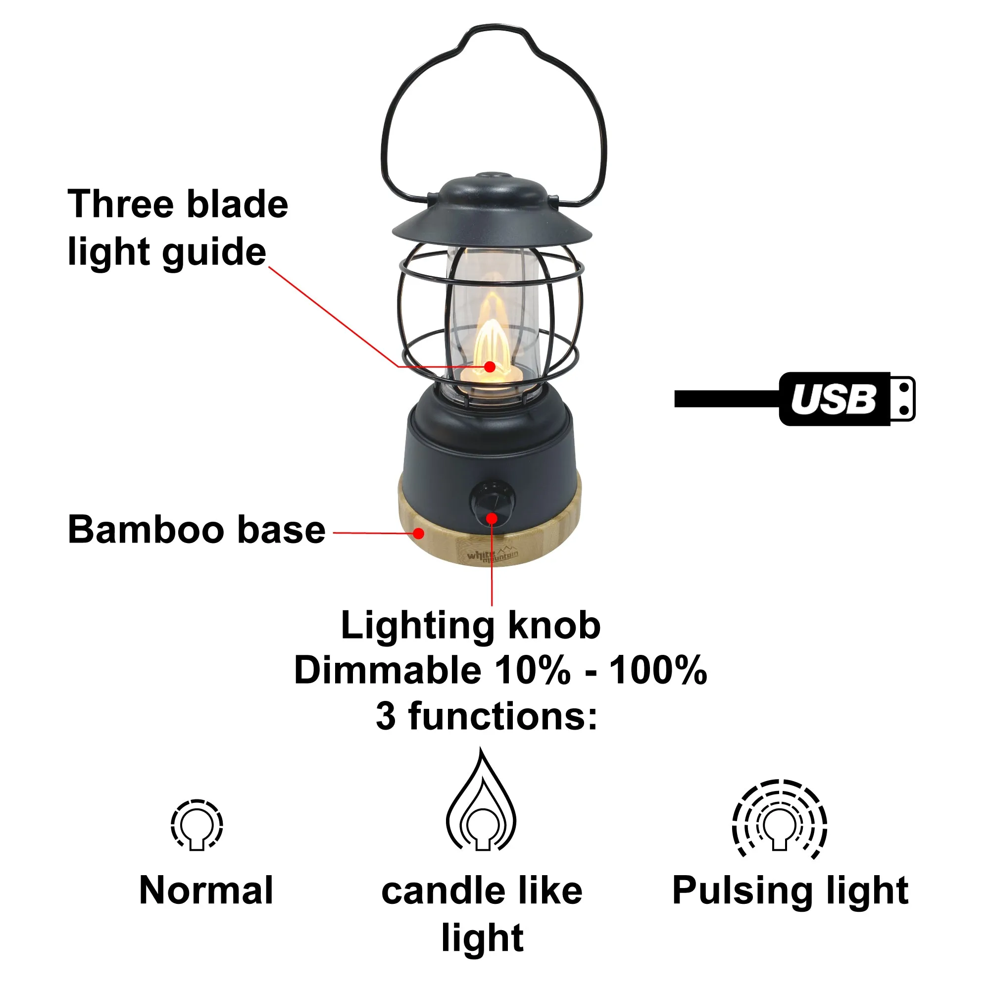 LUMIERE AU LED LANTERNE RECHARGEABLE POUR MAISON ET CAMPING WHITE MOUNTAIN