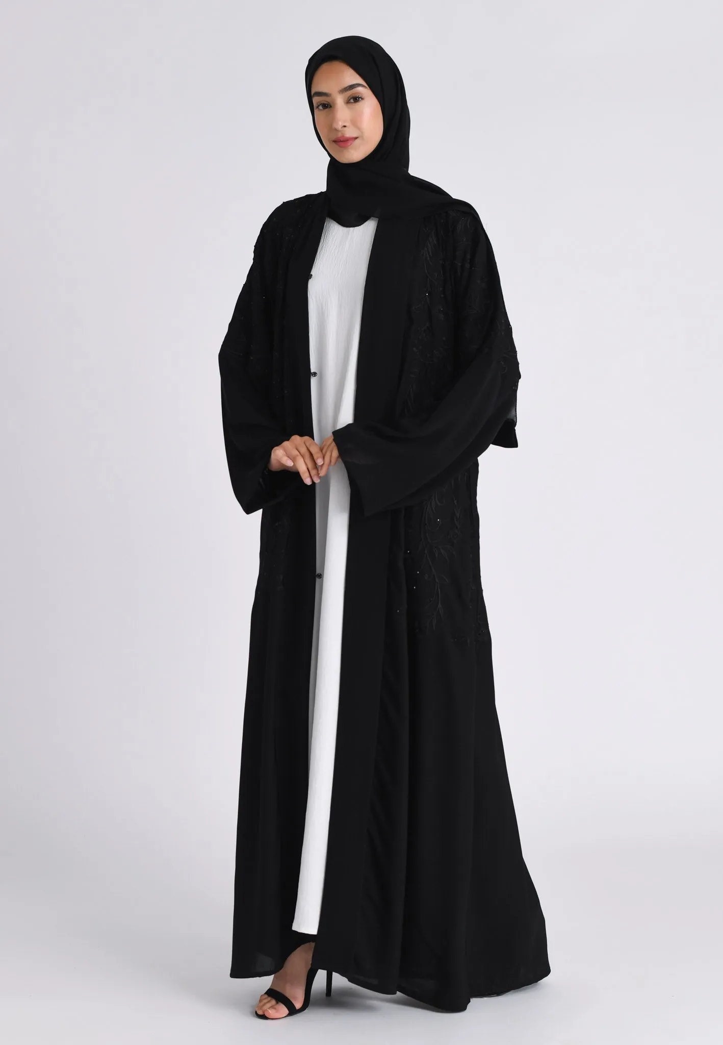 Luxury Black Floral Kimono Open Abaya