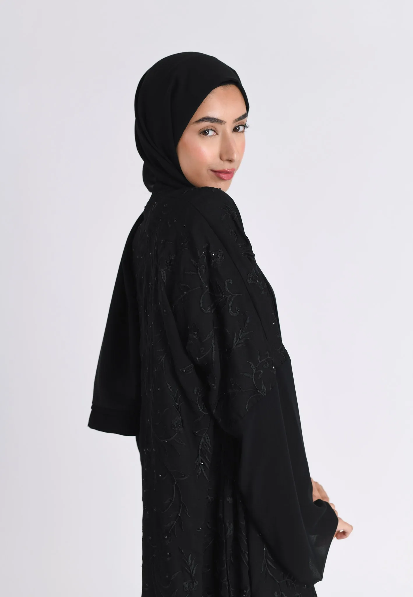 Luxury Black Floral Kimono Open Abaya