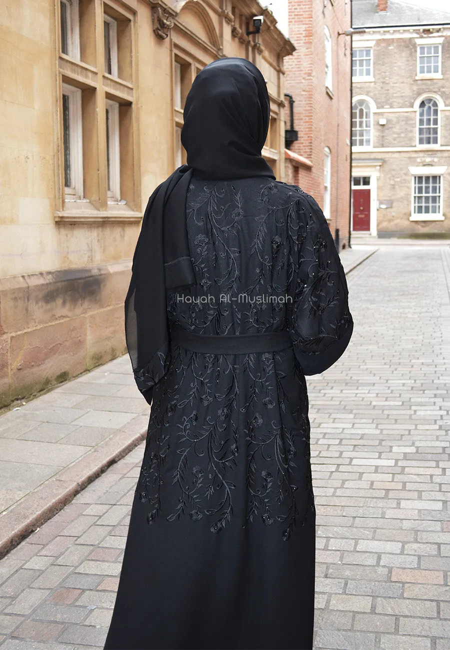 Luxury Black Floral Kimono Open Abaya