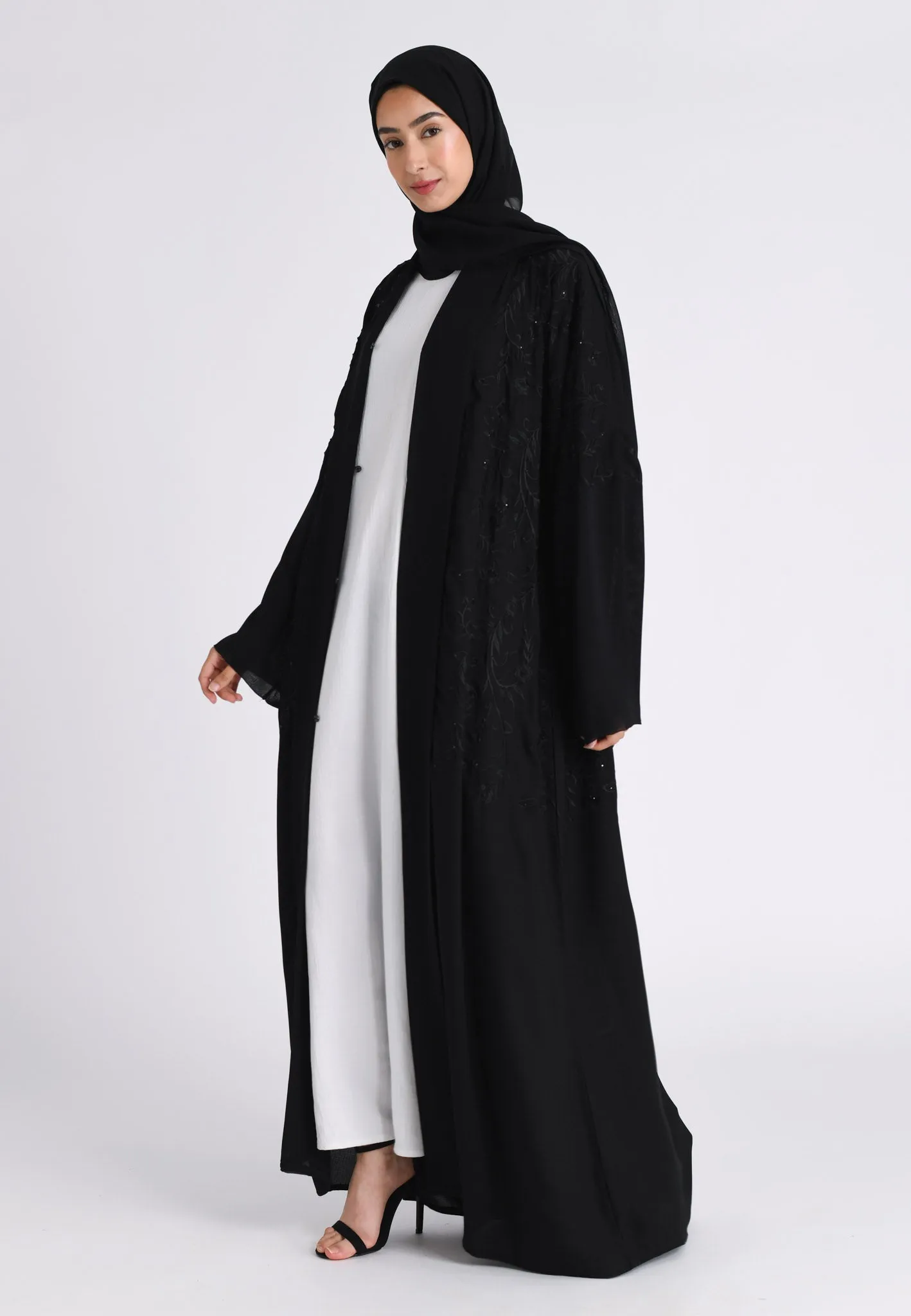 Luxury Black Floral Kimono Open Abaya