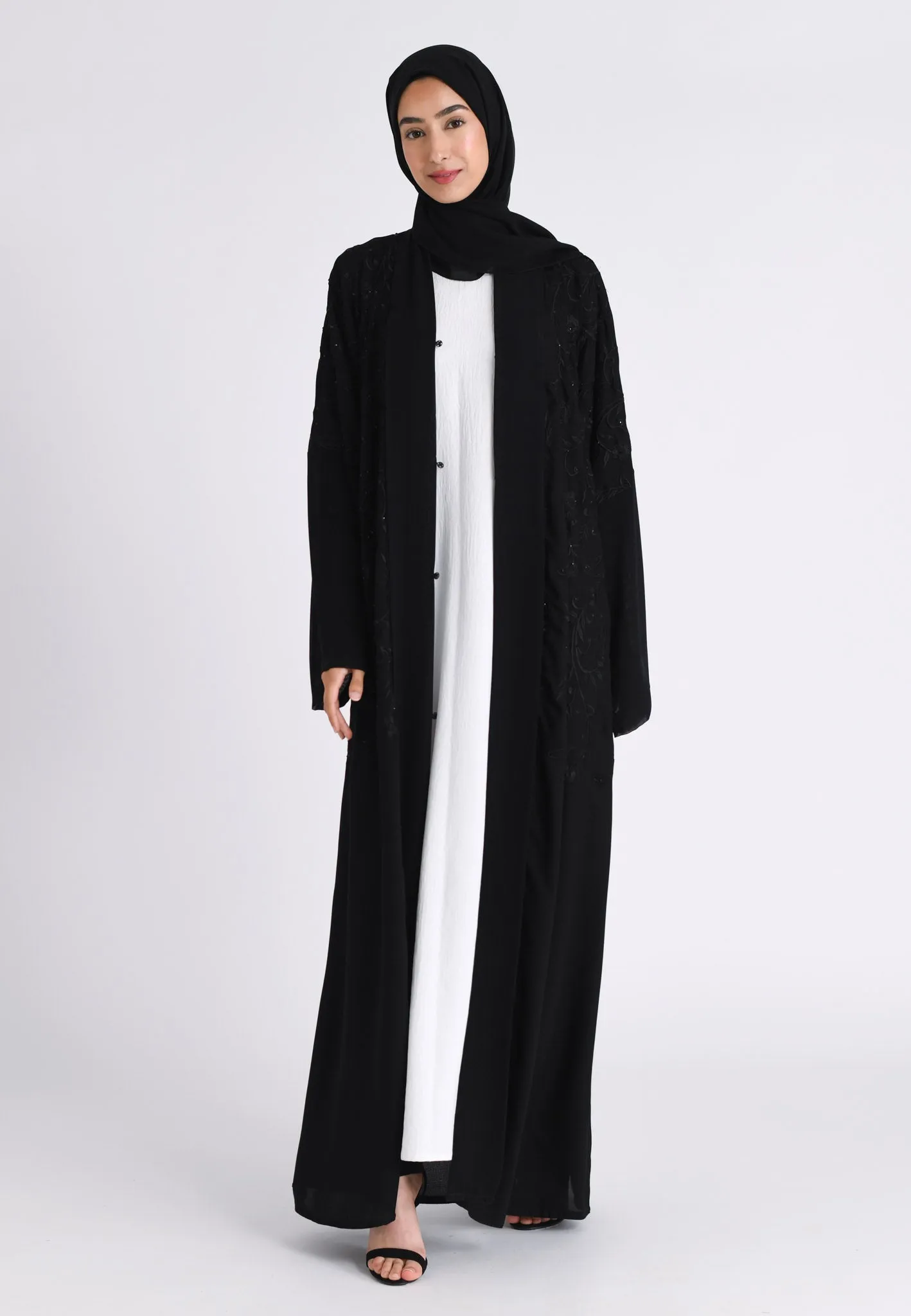 Luxury Black Floral Kimono Open Abaya