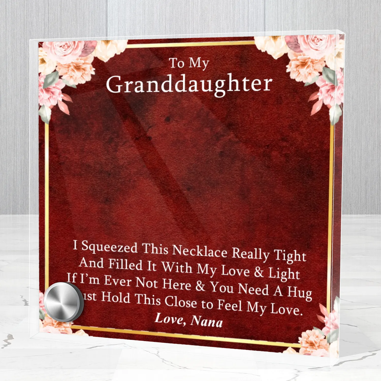 Luxury Glass Message Card   14K White Gold Necklace | To My Grand Daughter - Love, Nana | Permanent Message Card Display Message