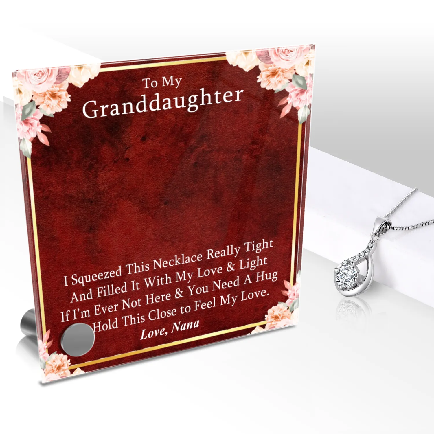 Luxury Glass Message Card   14K White Gold Necklace | To My Grand Daughter - Love, Nana | Permanent Message Card Display Message